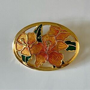 Vintage Gold Tone Enamel Coral Flower Brooch Pin
